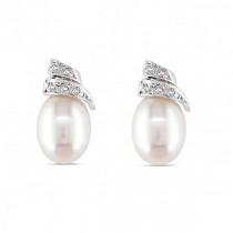 Freshwater Pearl & Diamond Stud Earrings 14k White Gold 6.5-7mm