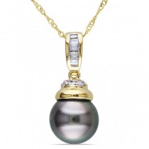 Black Tahitian Pearl & Diamond Pendant Necklace 14k Y. Gold 9.5-10mm