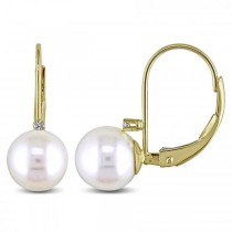 Freshwater Pearl & Diamond Leverback Earrings 14k Y. Gold 7-7.5mm