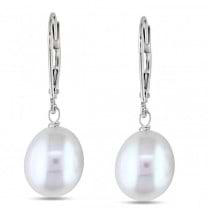 Freshwater White Pearl Drop Earrings w/ Leverbacks 14k W. Gold 8-9mm
