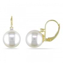 Freshwater Pearl & Diamond Leverback Earrings 14k Y. Gold 9-9.5mm