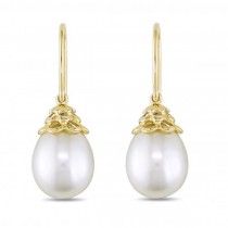White Freshwater Rice Pearl Drop Earrings w/ Hooks 14k Y. Gold 9-10mm