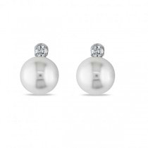 Freshwater Pearl & Diamond Stud Earrings 14k White Gold 7-7.5mm 0.10ct