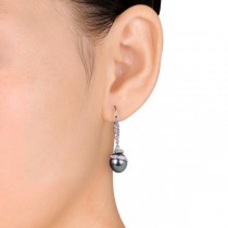 Black Tahitian Pearl & Diamond Swirl Drop Earring 14k W. Gold 9-9.5mm