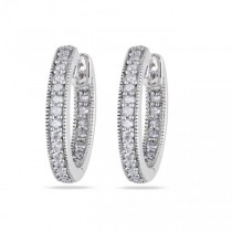 Vintage Inside Out Diamond Hoop Earrings Pave Set 14k White Gold 0.25ct