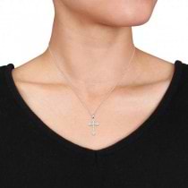 Ladies Pave Set Diamond Cross Pendant & Chain Sterling Silver 0.10ct