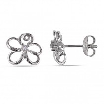 Open Flower Stud Earrings with Diamond Accents Sterling Silver 0.01ct