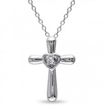 Heart Cross Pendant Necklace w/ Diamond Center Sterling Silver 0.03