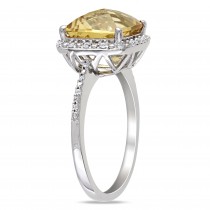 Diamond & Cushion Yellow Citrine Fashion Ring Sterling Silver (4.10ct)
