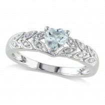 Diamond & Heart Aquamarine Floral Ring Sterling Silver (0.38ct)