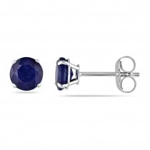 Round Blue Sapphire Ear Pin Stud Earrings 14k White Gold (1.20ct)