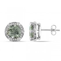Diamond Accented Green Amethyst Stud Earrings in 14k White Gold 3.90ct