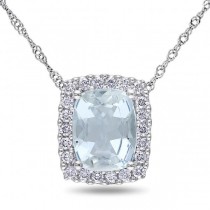 Diamond Accented Aquamarine Solitaire Pendant Necklace 14k White Gold (2.15ct)