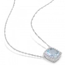 Diamond Accented Aquamarine Solitaire Pendant Necklace 14k White Gold (2.15ct)