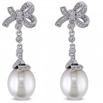 Freshwater White Pearl Drop Earrings 14k W Gold (9.5-10mm 0.33ct)