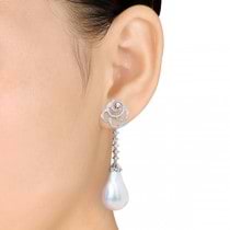 White Freshwater Pearl Flower Drop Earring 14k W Gold 13-13.5mm 1.00ct