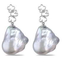 Freshwater Baroque Pearl Flower Earrings 14k W Gold (12-13mm 0.04ct)