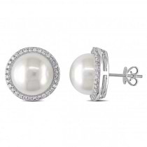 Freshwater Pearl and Diamond Stud Earrings 14k W Gold 12.5-13mm 0.50ct