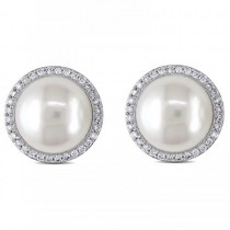 Freshwater Pearl and Diamond Stud Earrings 14k W Gold 12.5-13mm 0.50ct