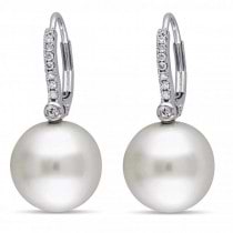 South Sea Pearl & Diamond Earrings Leverbacks 14k White Gold 11-11.5mm