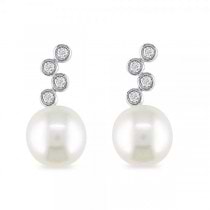 Diamond Button Pearl Drop Earrings 14k White Gold 8-8.5mm (0.12ct)