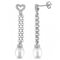 Heart Diamond & Pearl Dangle Earrings 14k White Gold 7-8mm (0.11ct)