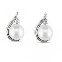 Diamond & Freshwater Pearl Stud Earrings 14k White Gold 6-6.5mm