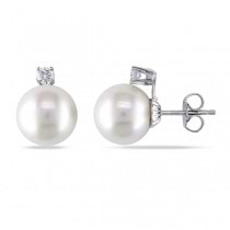 Round Freshwater Pearl Stud Earrings 14k White Gold 10-11mm (0.20ct)
