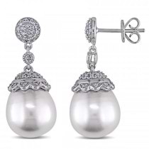 Diamond & South Sea Pearl Earrings 14k White Gold 12.5-13mm (0.50ct)