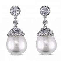 Diamond & South Sea Pearl Earrings 14k White Gold 12.5-13mm (0.50ct)