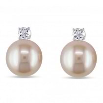 White Sapphire & Freshwater Pink Pearl Earrings 14k White Gold 9.5mm