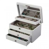 Locking Wooden Jewelry Box in White w/ Auto Tray, Ring Roll, Drawers