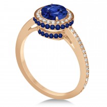 Oval Lab Blue Sapphire & Diamond Halo Engagement Ring 14k Rose Gold 2.00ct