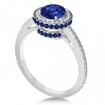 Oval Lab Blue Sapphire & Diamond Halo Engagement Ring 14k White Gold 2.00ct