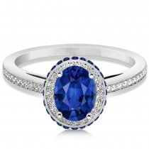 Oval Lab Blue Sapphire & Diamond Halo Engagement Ring 14k White Gold 2.00ct