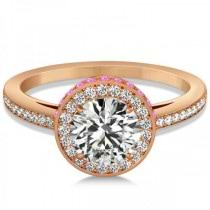 Diamond Halo Engagement Ring Pink Sapphire Accents 18k R. Gold 0.50ct