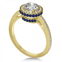Diamond Halo Engagement Ring Blue Sapphire Accents 18k Y. Gold 0.50ct
