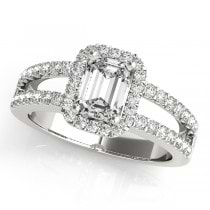 Emerald Cut Diamond Engagement Ring, Split Shank 14k White Gold 1.52ct