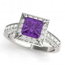 Princess Amethyst & Diamond Engagement Ring 14K White Gold (2.25ct)