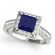 Princess Blue Sapphire & Diamond Engagement Ring 14K White Gold (2.25ct)