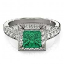 Princess Emerald & Diamond Engagement Ring 14K White Gold (2.25ct)