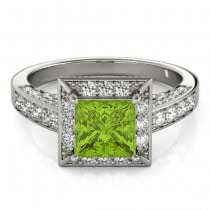 Princess Peridot & Diamond Engagement Ring 14K White Gold (2.20ct)