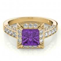 Princess Amethyst & Diamond Engagement Ring 18K Yellow Gold (1.20ct)