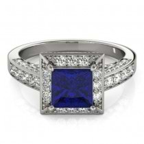 Princess Blue Sapphire & Diamond Engagement Ring 14K White Gold (1.20ct)