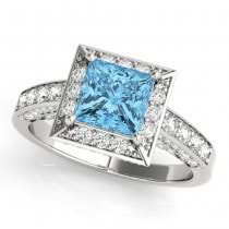 Princess Blue Topaz & Diamond Engagement Ring 18K White Gold (1.20ct)