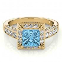 Princess Blue Topaz & Diamond Engagement Ring 18K Yellow Gold (1.20ct)