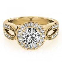 Art Deco Split Shank Diamond Halo Engagement Ring 14k Yellow Gold 1.33ct