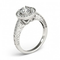 Diamond Halo Antique Style Design Engagement Ring 14k White Gold (1.08ct)