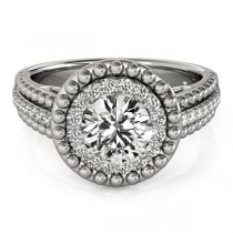Vintage Halo Round Cut Diamond Engagement Ring 18k White Gold 1.19ct