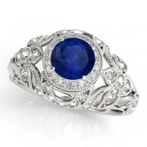 Edwardian Blue Sapphire & Diamond Halo Engagement Ring Palladium (1.18ct)